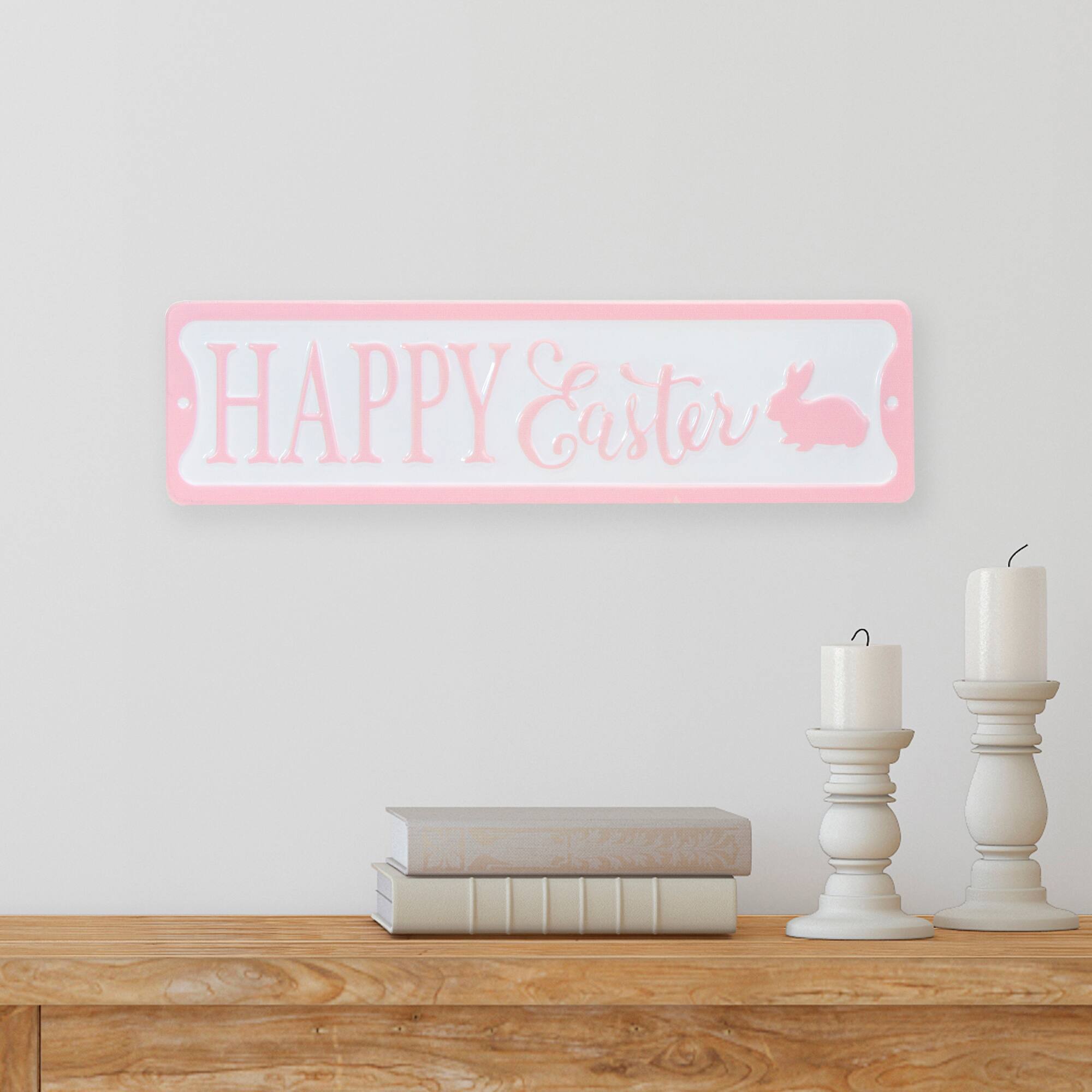 Pink & White Happy Easter Bunny Metal Wall Sign